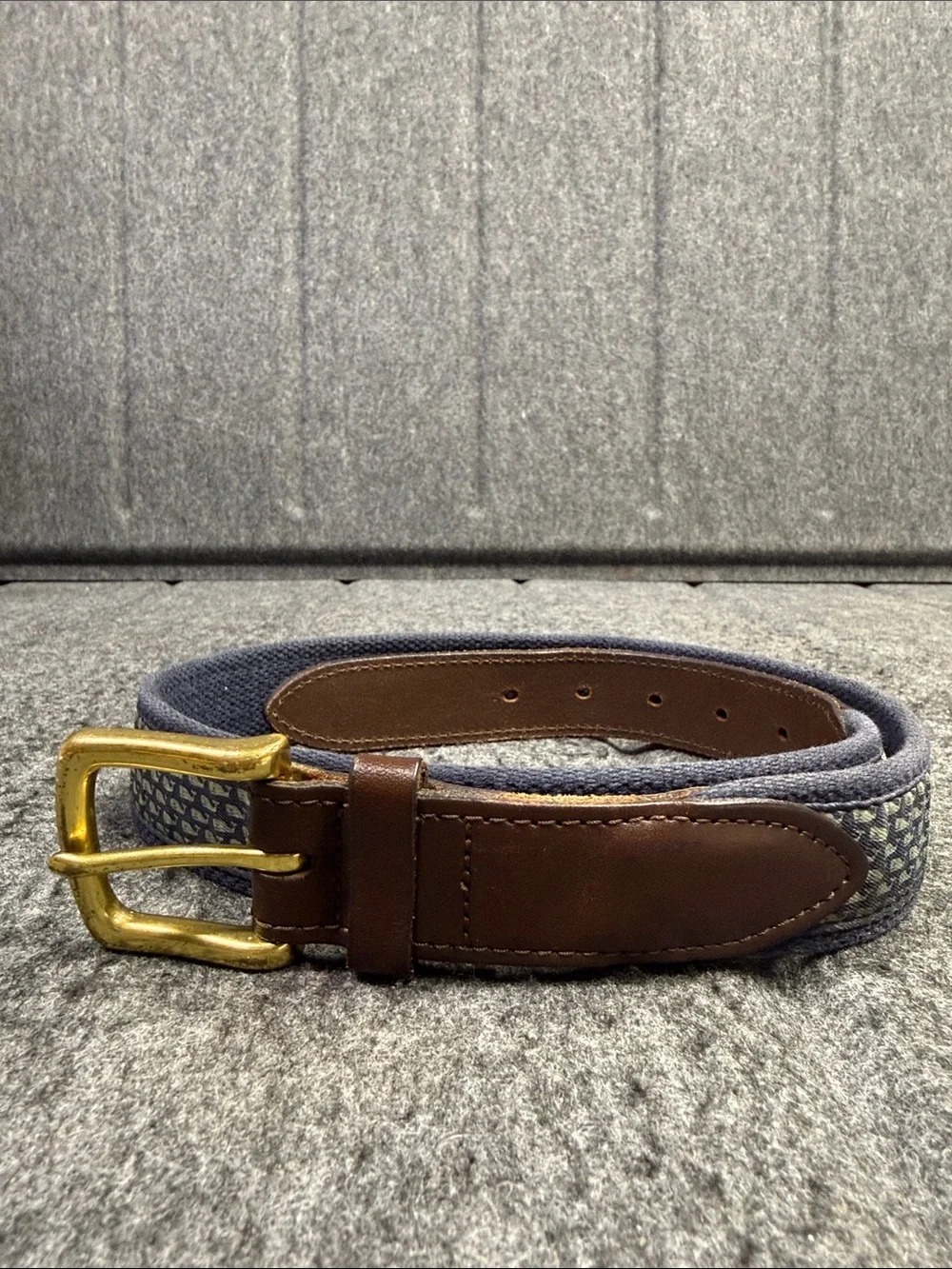 Vineyard Vines Blue Woven Belt with Brown Leather Trim